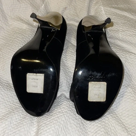 NEW Stuart Weitzman Black Satin & Swarovski Chrome-Heeled Peep-Toe Pumps Sz 6.5 - Picture 8 of 15